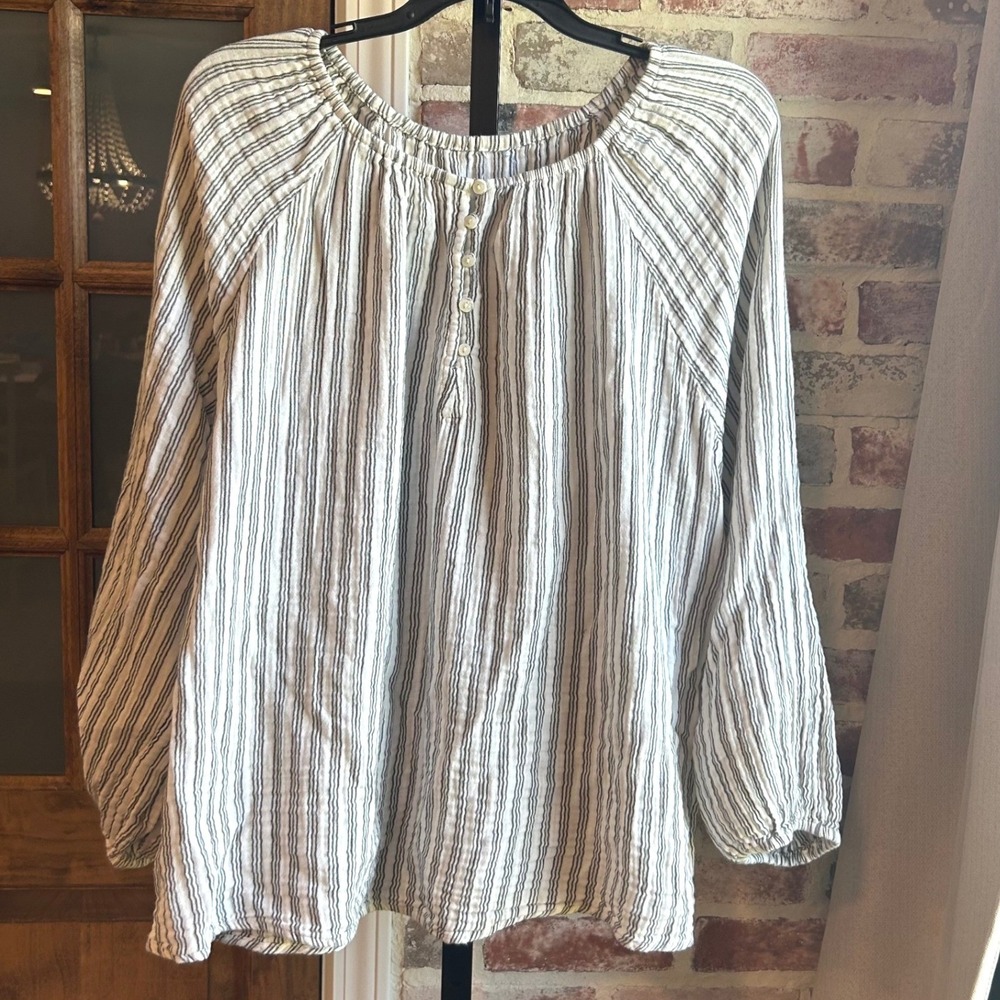 Gap Shirt Womens Black White Striped Cotton Gauze Henley Blouse Plus 2X Boho